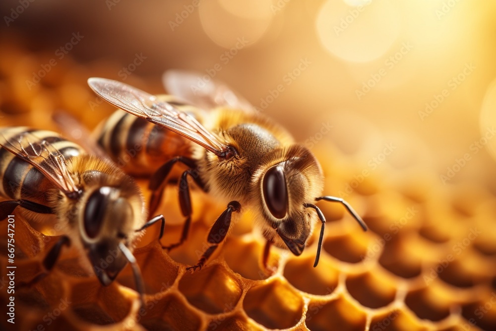 Poster generative ai : macro photo of working bees on honeycombs. beekeeping and honey production image.