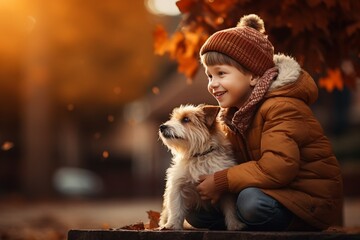 Generative AI : little cute boy playing with his dog fox terrier in the autumn park