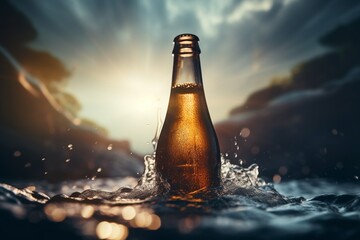 Generative AI : Cold wet open beer bottle with smoke floating in the ocean