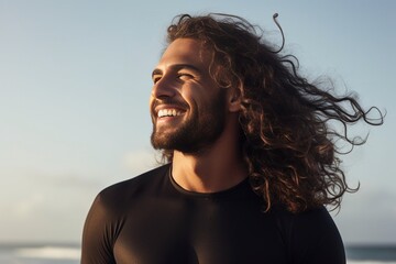 Generative AI : Young caucasian man with long hair and sportive body, walking with surf board on the beach