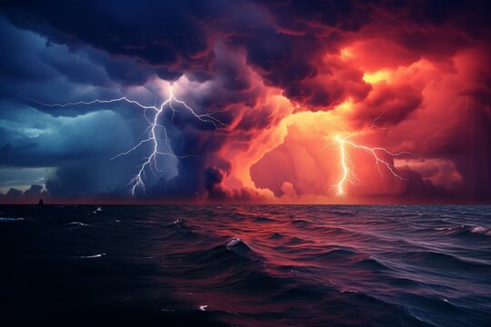 Generative AI : cloudy lightning over the ocean at sunset