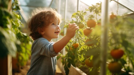 A toddler boy is having fun in a greenhouse. Picking fresh tomatoes, morning lighting