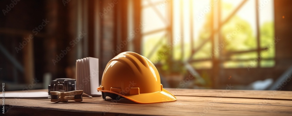 Poster generative ai : helmet in construction site and construction site worker background safety first con