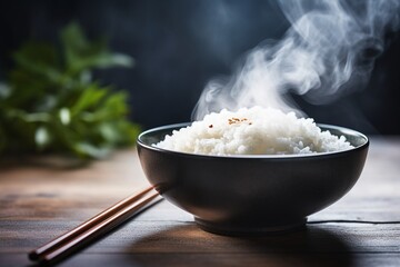 Generative AI : Japanese rice, Cook rice. Close up natural steaming cooked Japanese white rice in...