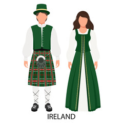 A couple of a man and a woman in Irish folk costumes. Culture and traditions of Ireland. Illustration, vector