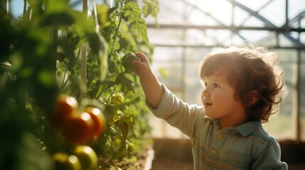 A toddler boy is having fun in a greenhouse. Picking fresh tomatoes, morning lighting