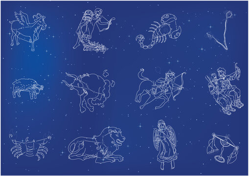 Zodiac astrology horoscope signs linear design vector illustrations set