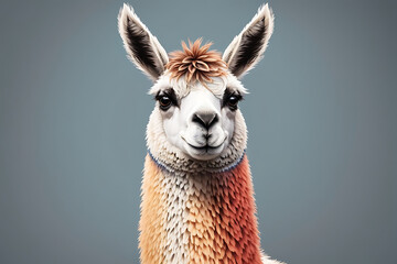 Obraz premium Portrait of a Llama, close up of a llama’s face, grey background