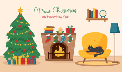 Christmas background with room interior. Christmas concept.