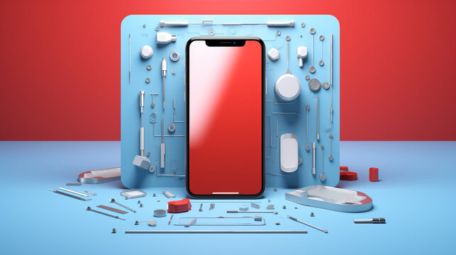 Repair tools around generic smartphone on blue red background. 3D illustration.