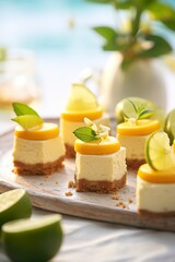 Obraz na płótnie Canvas Mango Lime Cheesecake Bites , Close-Up Shot, Light White Beach Caribbean Background
