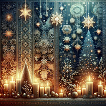 Channelling the ambiance of the second image, a wallpaper design highlighting motifs like star-topped Christmas trees, glowing candles, intricate snow