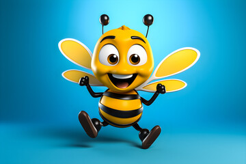 Smilling bee cartoon character on blue background , 3d illustration , generative ai