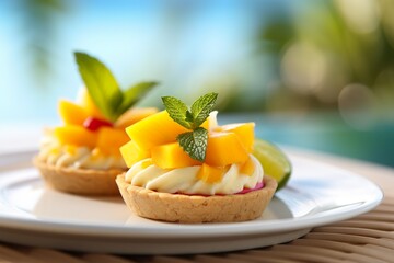 Mango Lime Tartlets , Close-Up Shot, Light White Beach Caribbean Background - obrazy, fototapety, plakaty