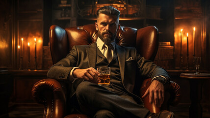 handsome man in vintage clothes and smoking cigar sitting in armchair