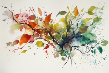 Artistic depiction of a leafy branch accompanied by vibrant watercolor splashes on a plain white backdrop. Generative AI