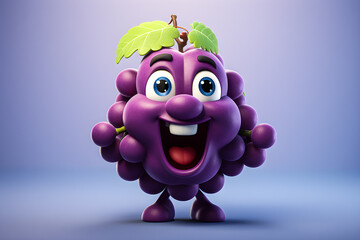 Smilling grape cartoon character on purple  background , 3d illustration , generative ai