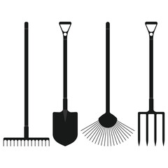 Shovel or spade, rake and pitchfork icons isolated on white background. Gardening tools design. Vector illustration.