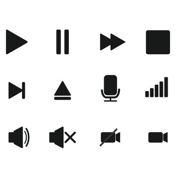 Audio, video, music player button icon. Sound control, play, pause button solid icon set. Camera, media control, microphone interface pictogram. Vector illustration.