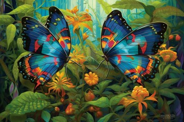 Vibrant butterflies perched upon a plant. Illustrated artwork. Generative AI