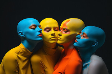 Fototapeta premium Palette of hidden identities: Meeting of painted women's faces and shaved heads of Afro-descendants. Concept of protest and unity celebrating Individuality and cultural heritage.