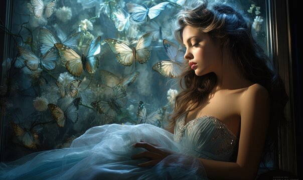 pretty woman wearing flower crown sitting beside of window, dreamy indoor atmosphere, Generative Ai	