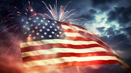 Celebrating Independence Day. United States of America USA flag with fireworks background for 4th of July.