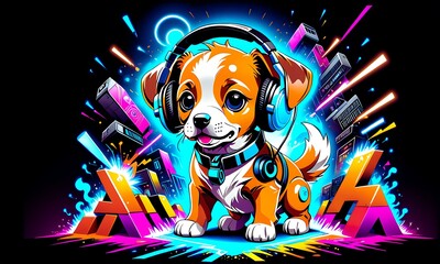 A Graffiti Illustration of a Robo Puppy with Headphones (JPG 300Dpi 12000x7200)