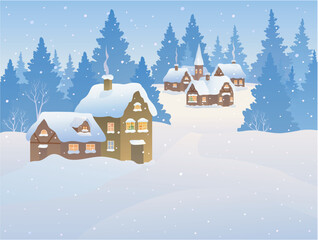 Vector illustration of a snowy village, Christmas card background