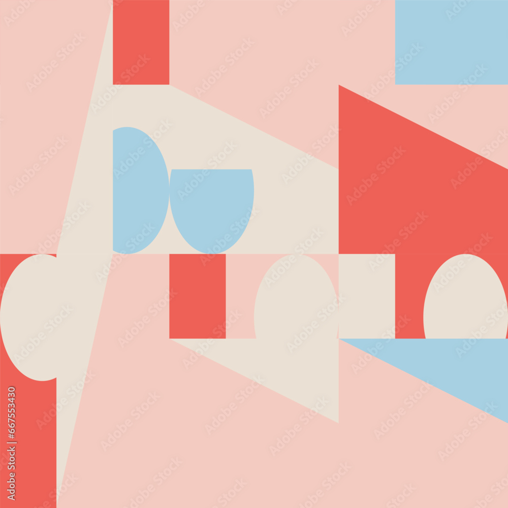 Poster Abstract geometric vector seamless pattern. Modern background with simple shapes. Circles, squares, rectangles, triangles in pastel colors