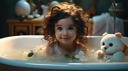 Happy child with curly hair enjoying bathing, smiling and looking at camera.