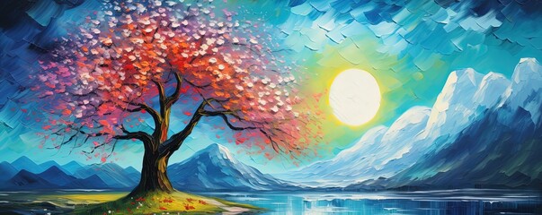 painting style illustration, full moon night shine over flower blossom tree with nature landscape, Generative Ai - obrazy, fototapety, plakaty