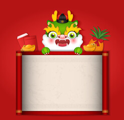 Fototapeta premium Chinese cute cartoon dragon and red paper scroll reel