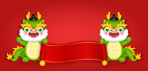 Cute cartoon Chinese dragon holding red paper scroll reel