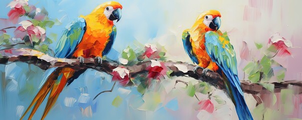 painting style illustration, two couple parrot birds perch on flower blossom tree branch, Generative Ai