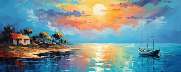 painting style illustration, beautiful evening gradient sky sun shine over small cottage on tropical island, Generative Ai