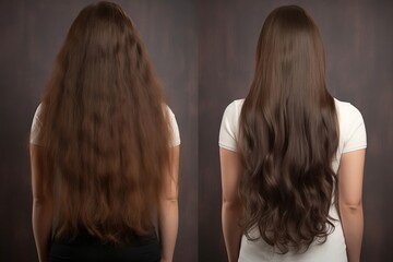 Woman with a long hair - before and after. Hair care. AI generated