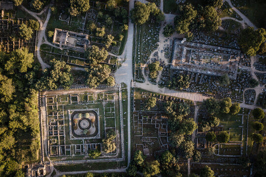 Aerial view of Leonidaion temple and Temple of Zeus in ancient Olympia in Greece.