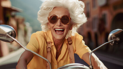 Happy senior woman rides scooter and enjoys happy day wearing fashion glasses