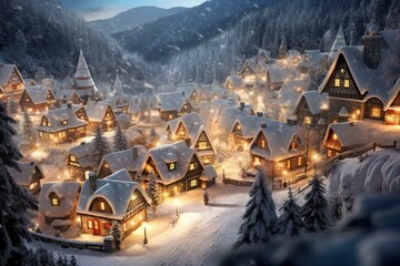 A chilly winter village adorned with festive lights and a blanket of snow exudes peace and serenity. Generative AI - obrazy, fototapety, plakaty