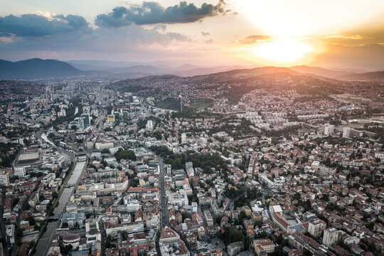 Fototapeta Aerial view of Sarajevo city at sunset in Bosnia and Herzegovina.