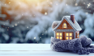 A house wrapped up warm with a knitted scarf. Winter heating and energy concept - obrazy, fototapety, plakaty