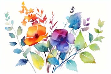 Floral watercolor painting on white. Cute plant illustration, doodle art. Generative AI