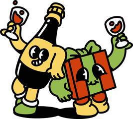 Christmas Gift Box and Wine Cartoon Character Illustration