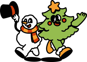 Snowman and Christmas Tree Cartoon Character Illustration
