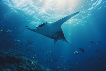 Manta ray glides in ocean. Snorkeling giant fish under blue ocean