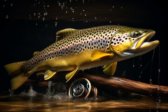 an image of a brown trout and a fishing lure. Generative AI