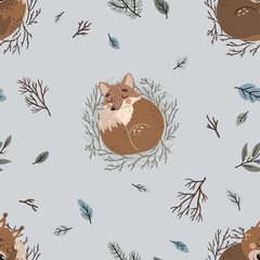 Vector seamless pattern, illustration with cute foxes and squirrels. Suitable for printing on paper, fabric, scrapbooking.