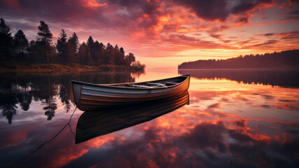 Dramatic sunset sky, with beautiful boat reflected on the evening lake horizon