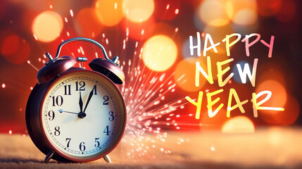 Fototapeta na wymiar Happy New Year 2024 Poster Template with Wecker and Bokeh Background. 